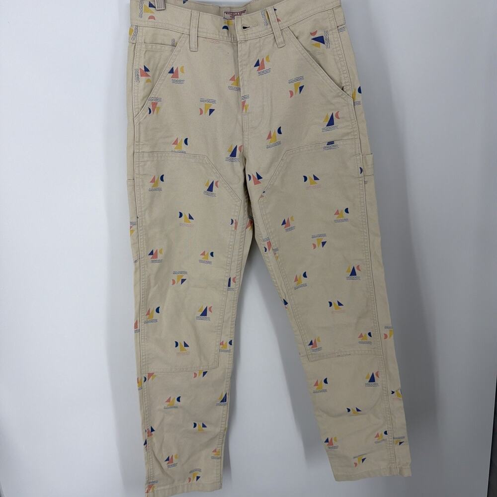 Wallace & Barnes Pants Mens 29x32 Beige Carpenter Canvas Sailboat Print Nautical